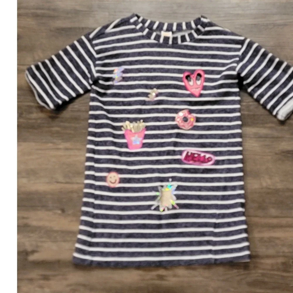 Gymboree Girls Navy White Striped T-Shirt‎ Dress Size 8 Sequin Fun Patches Heart